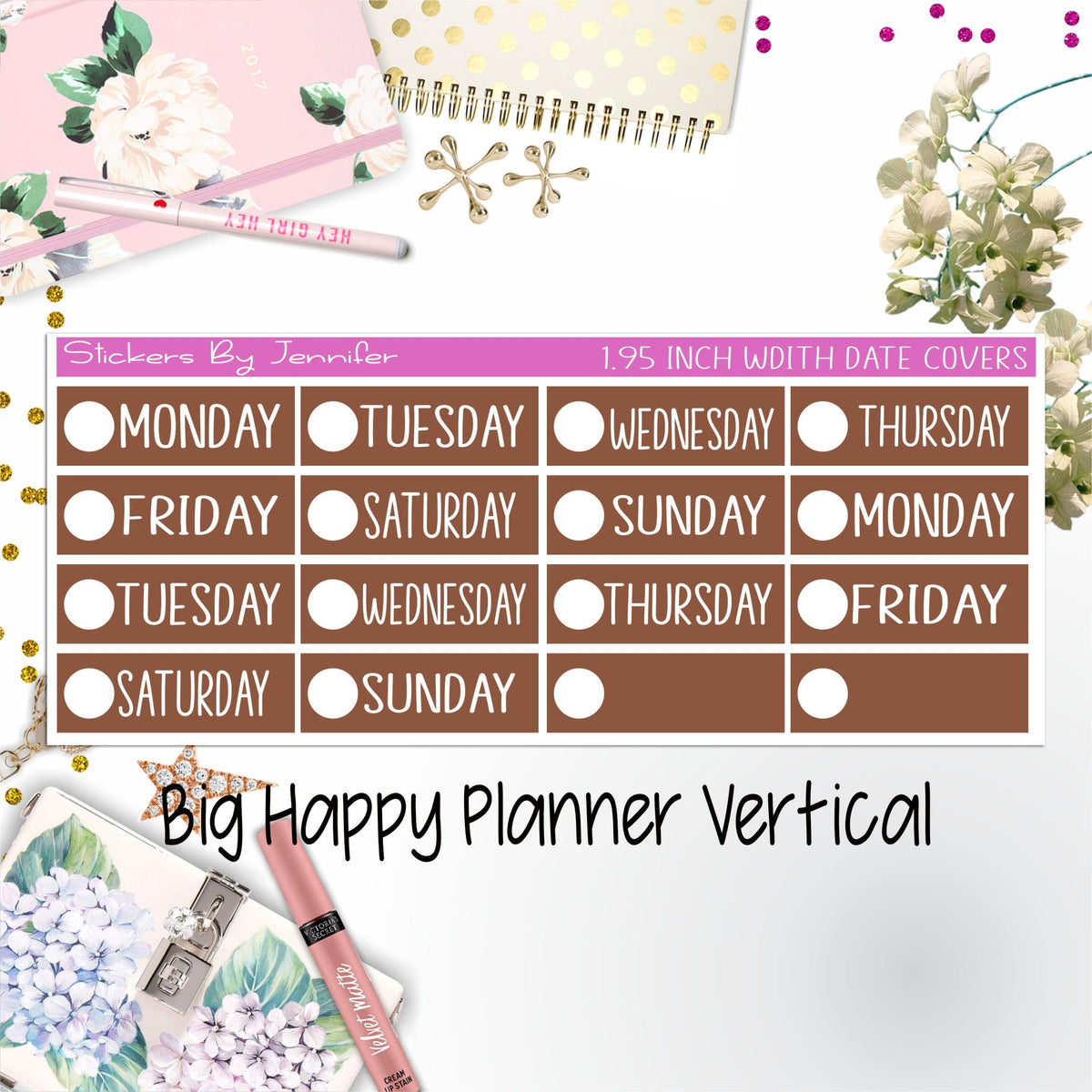 Date Covers 1.95 inch Width Quarter Box Labels 193 for Big Happy Planner Vertical Planner Stickers