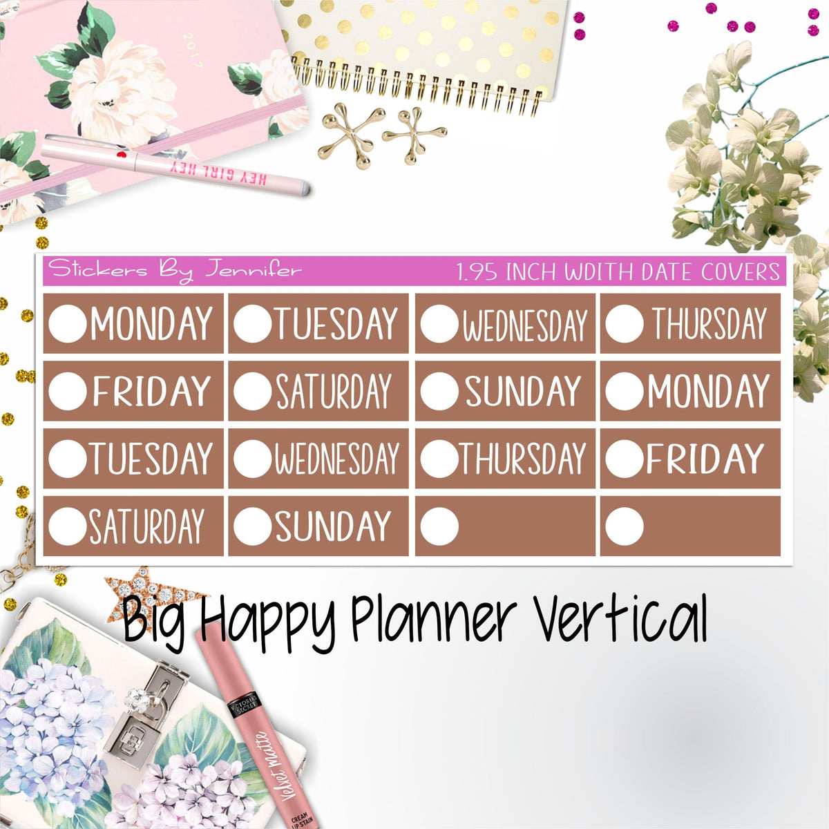 Date Covers 1.95 inch Width Quarter Box Labels 194 for Big Happy Planner Vertical Planner Stickers