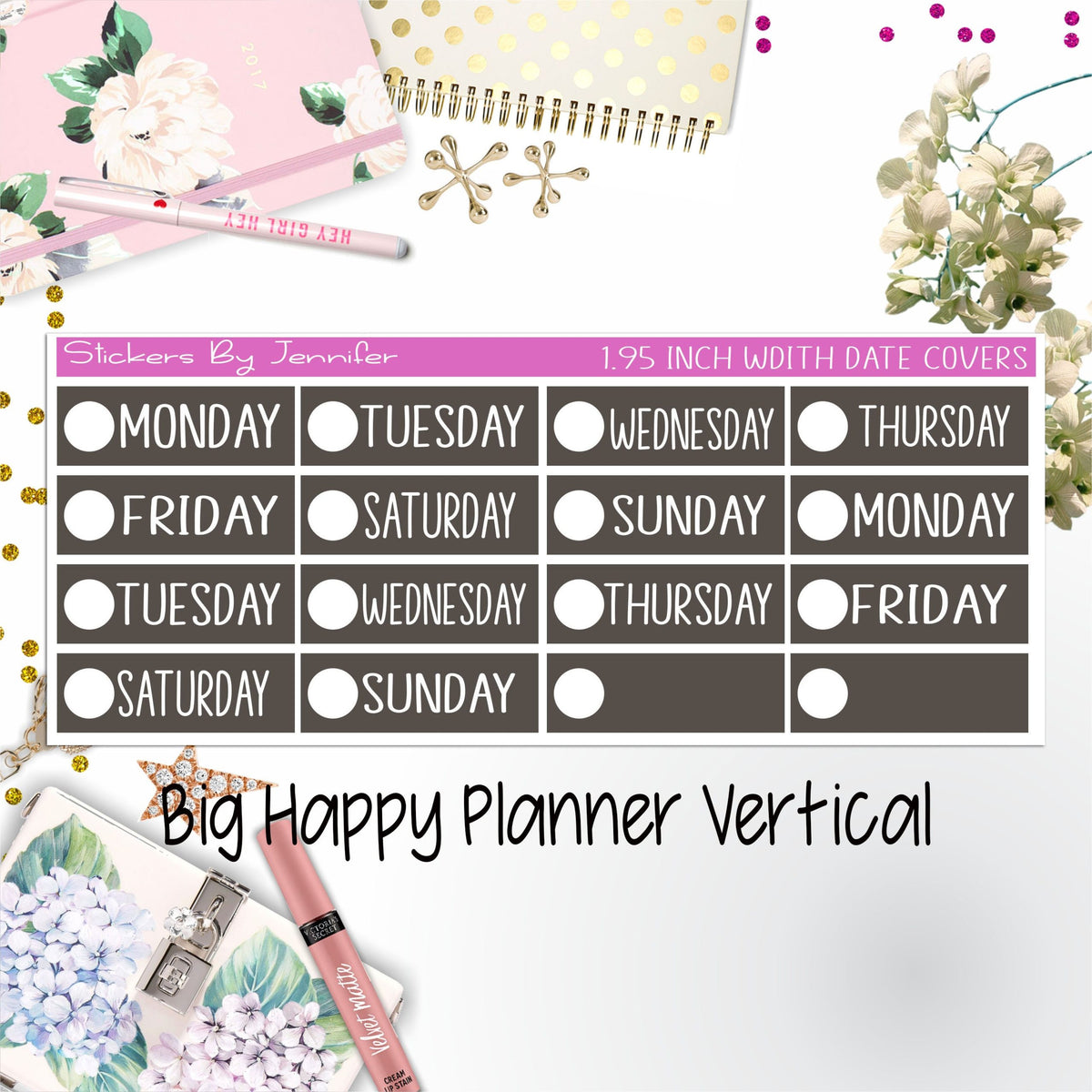 Date Covers 1.95 inch Width Quarter Box Labels 195 for Big Happy Planner Vertical Planner Stickers