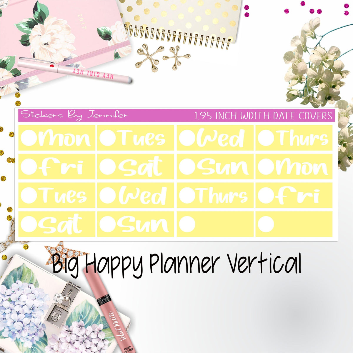 Date Covers 1.95 inch Width Quarter Box Labels 201 for Big Happy Planner Vertical Planner Stickers