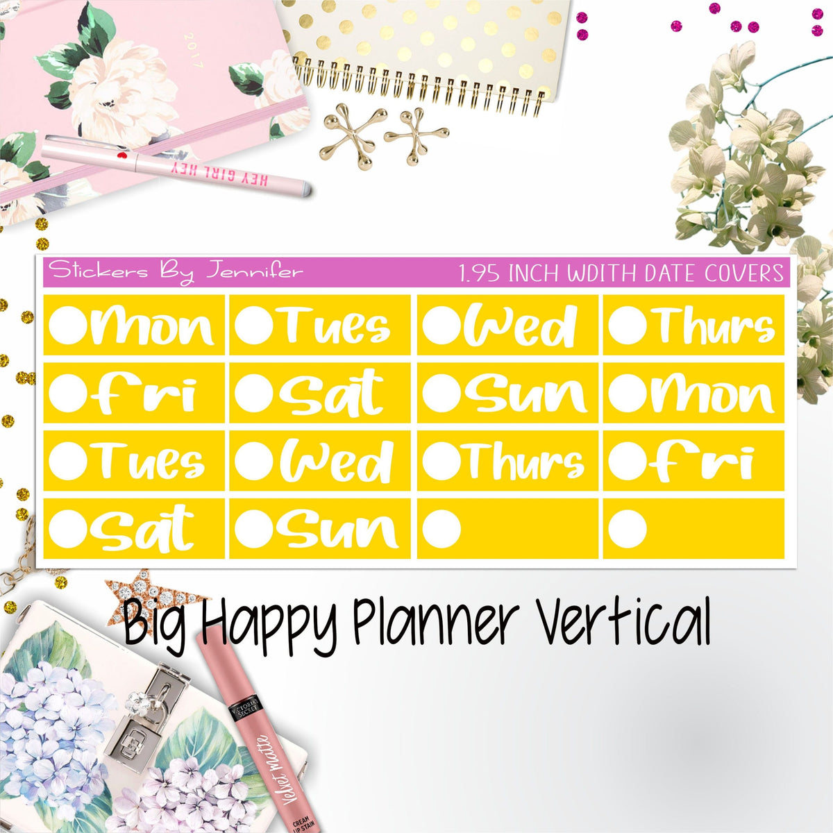 Date Covers 1.95 inch Width Quarter Box Labels 203 for Big Happy Planner Vertical Planner Stickers