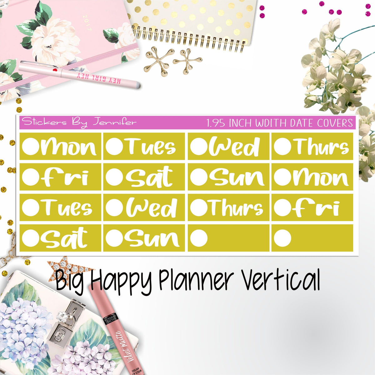 Date Covers 1.95 inch Width Quarter Box Labels 204 for Big Happy Planner Vertical Planner Stickers