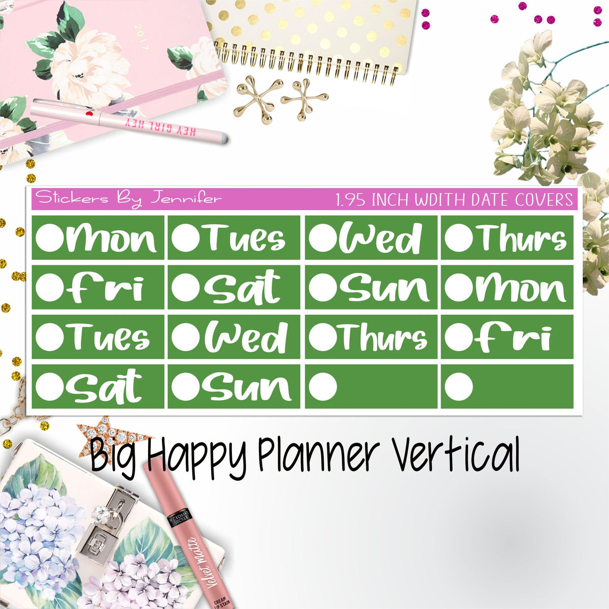Date Covers 1.95 inch Width Quarter Box Labels 217 for Big Happy Planner Vertical Planner Stickers