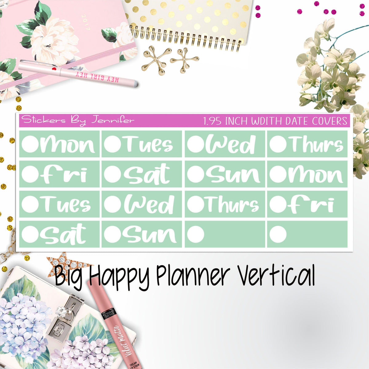 Date Covers 1.95 inch Width Quarter Box Labels 224 for Big Happy Planner Vertical Planner Stickers