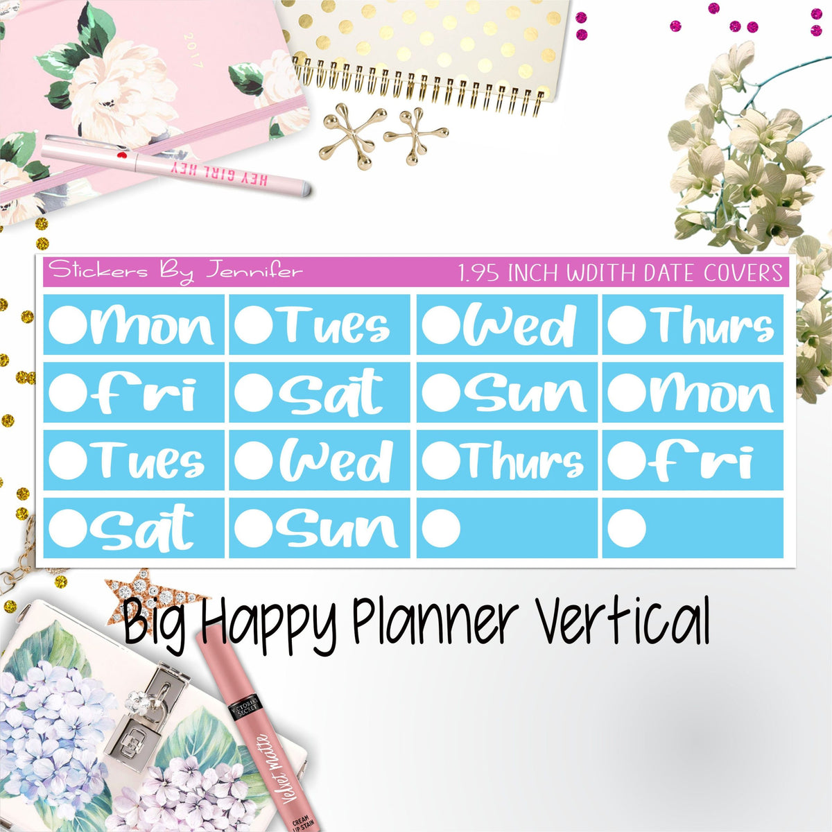 Date Covers 1.95 inch Width Quarter Box Labels 232 for Big Happy Planner Vertical Planner Stickers