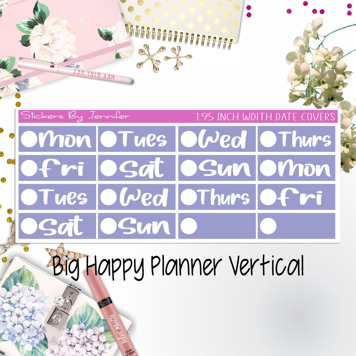 Date Covers 1.95 inch Width Quarter Box Labels 243 for Big Happy Planner Vertical Planner Stickers