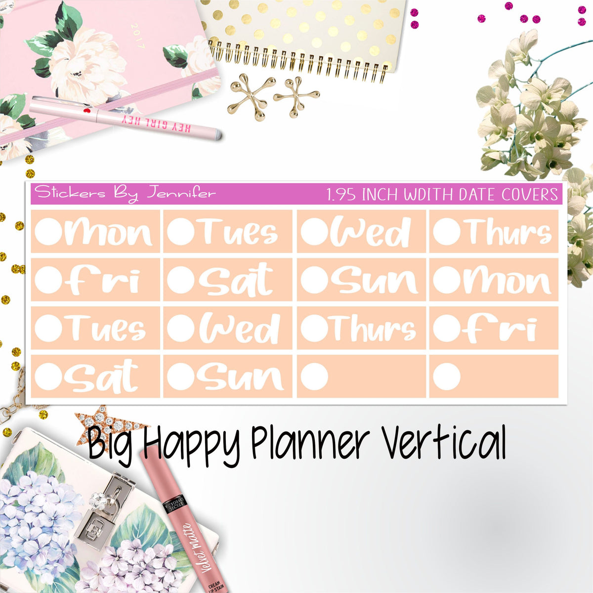 Date Covers 1.95 inch Width Quarter Box Labels 278 for Big Happy Planner Vertical Planner Stickers