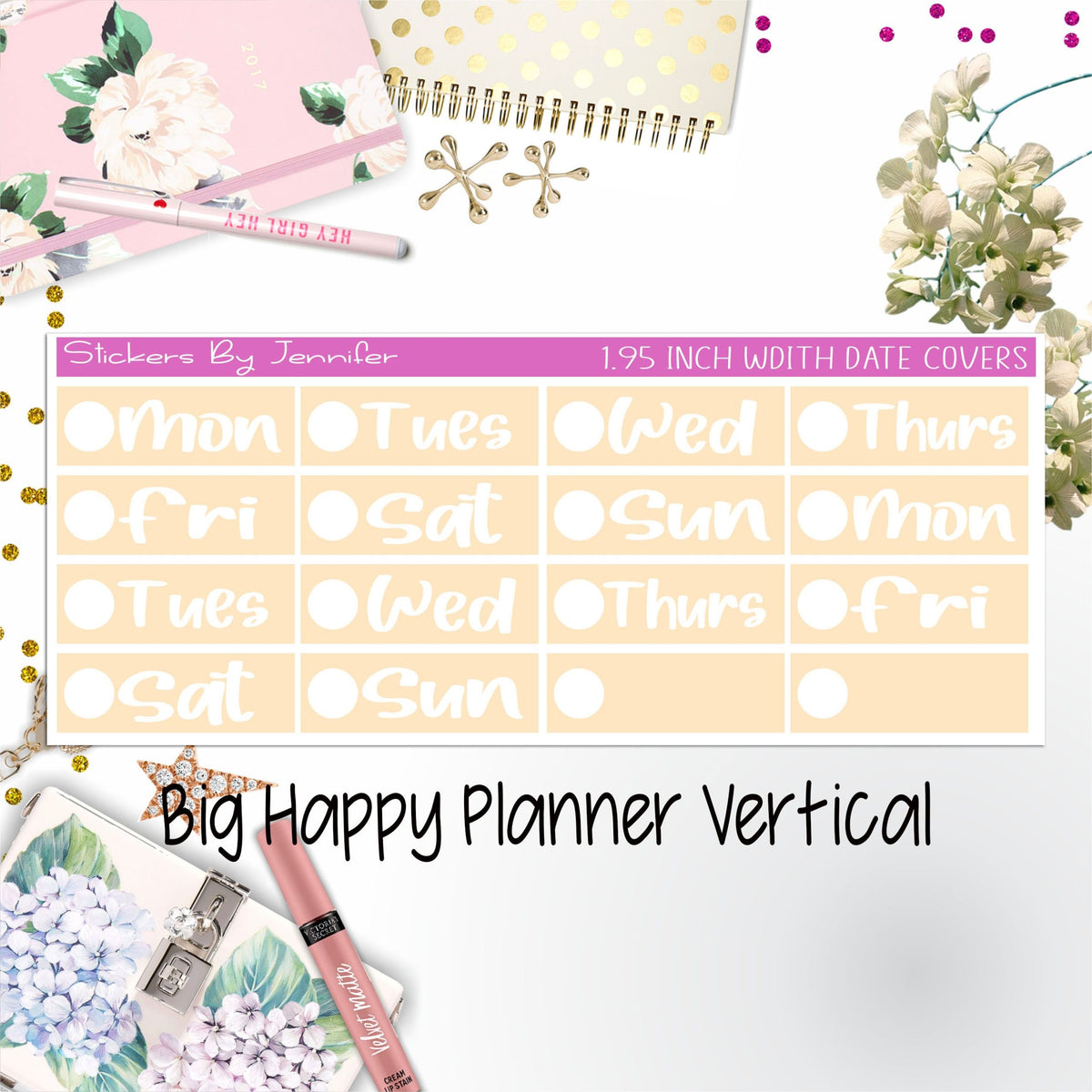 Date Covers 1.95 inch Width Quarter Box Labels 287 for Big Happy Planner Vertical Planner Stickers