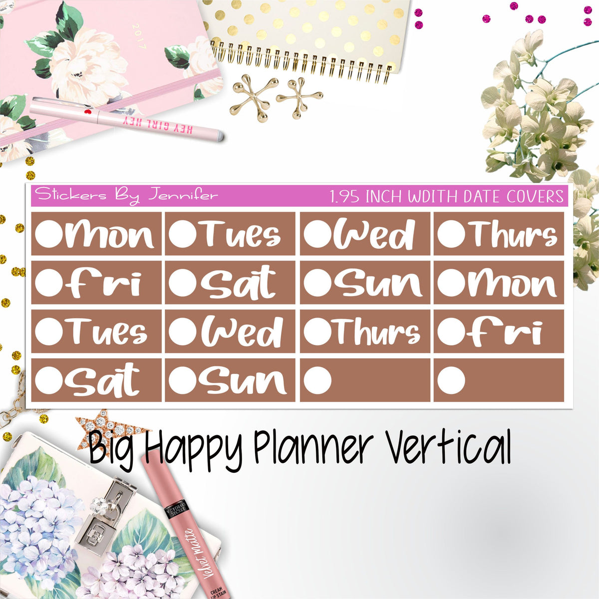 Date Covers 1.95 inch Width Quarter Box Labels 294 for Big Happy Planner Vertical Planner Stickers