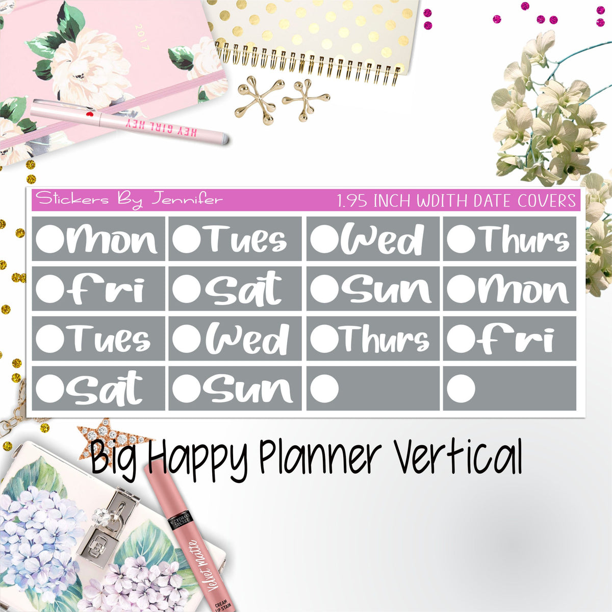 Date Covers 1.95 inch Width Quarter Box Labels 298 for Big Happy Planner Vertical Planner Stickers