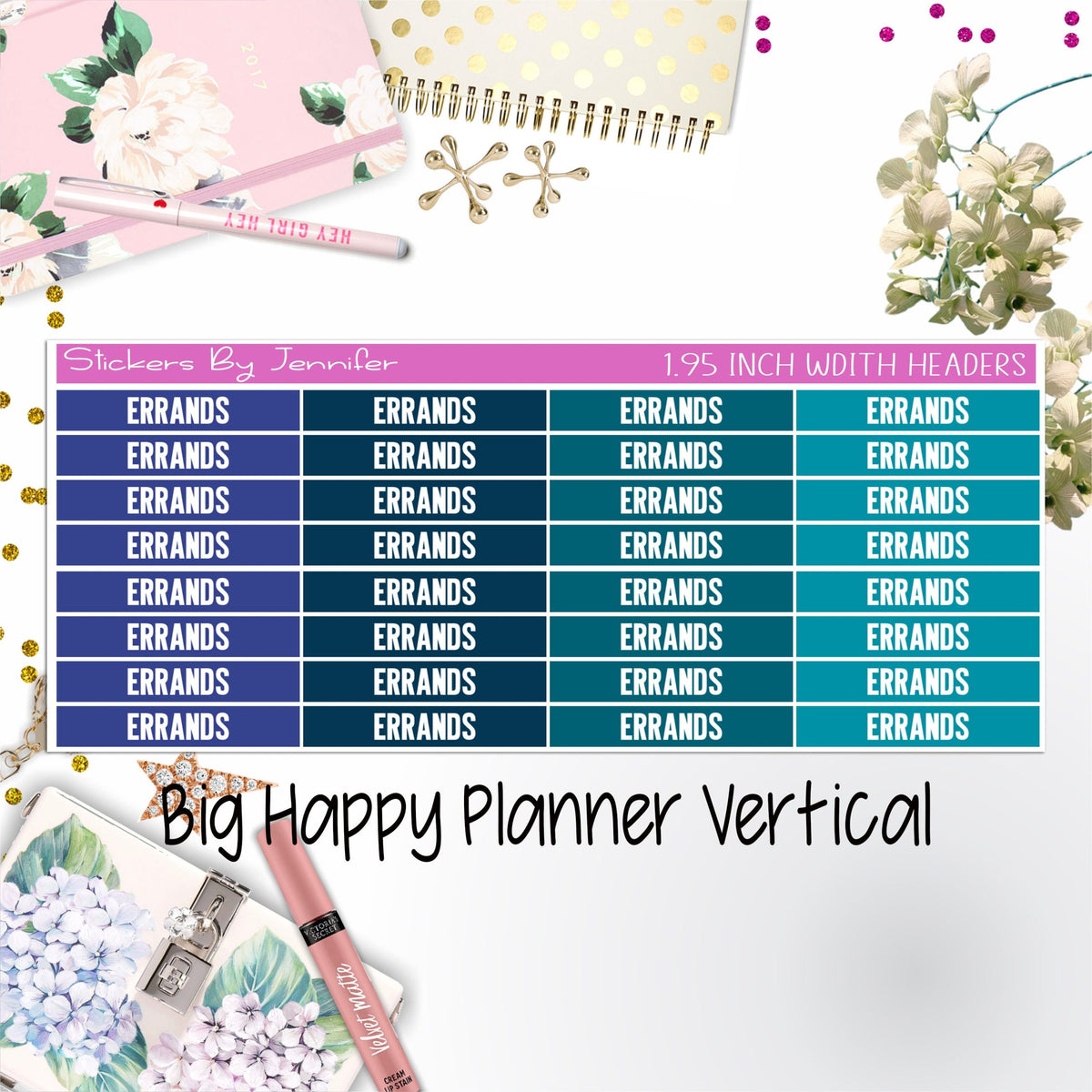 Errands Headers 1.95 inch Width 105 for Big Happy Planner Vertical Planner Stickers