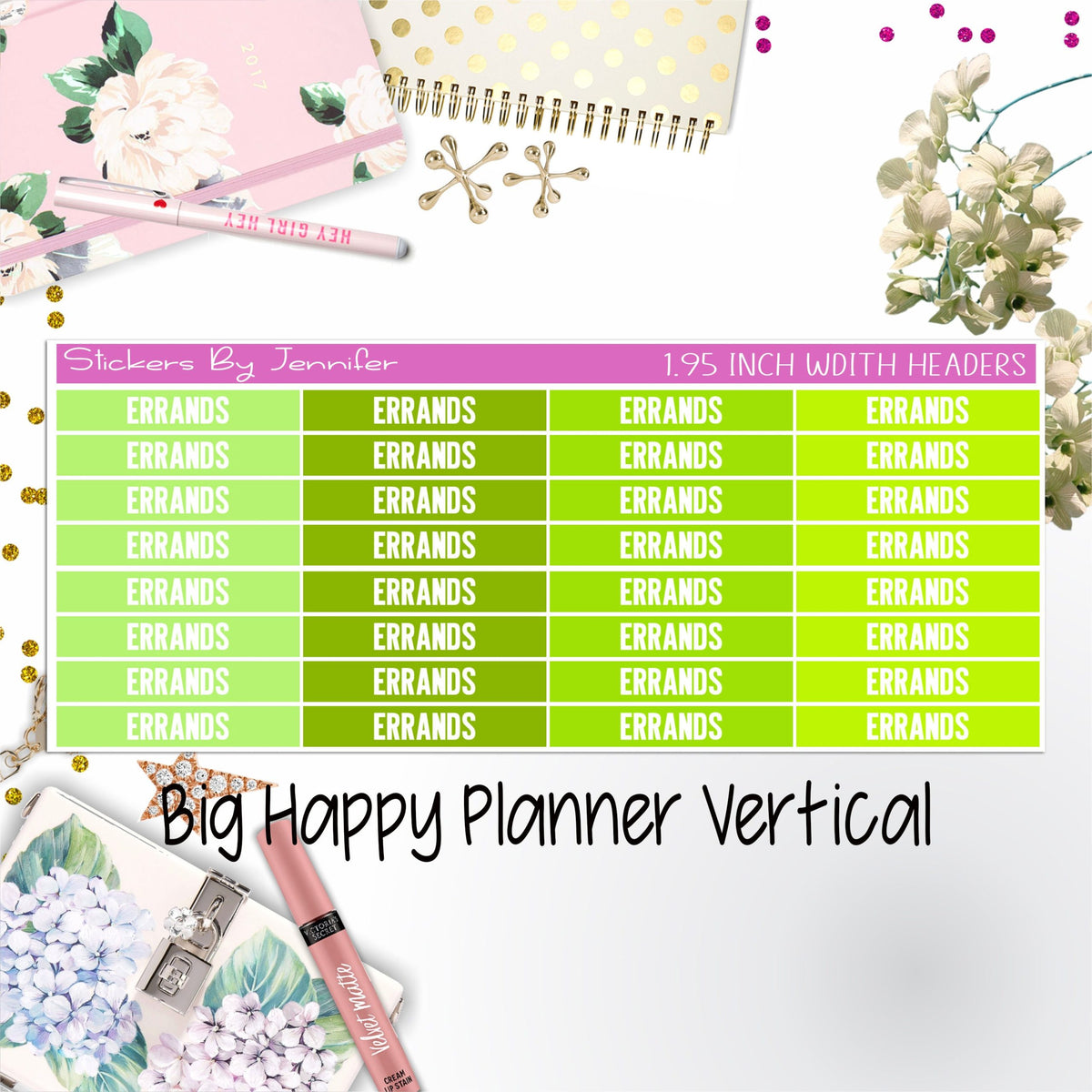 Errands Headers 1.95 inch Width 110 for Big Happy Planner Vertical Planner Stickers