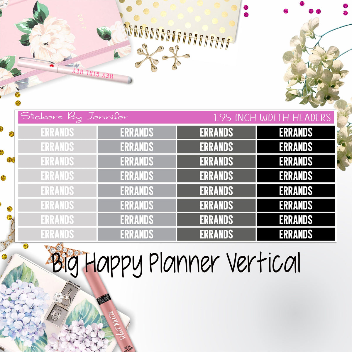 Errands Headers 1.95 inch Width 125 for Big Happy Planner Vertical Planner Stickers