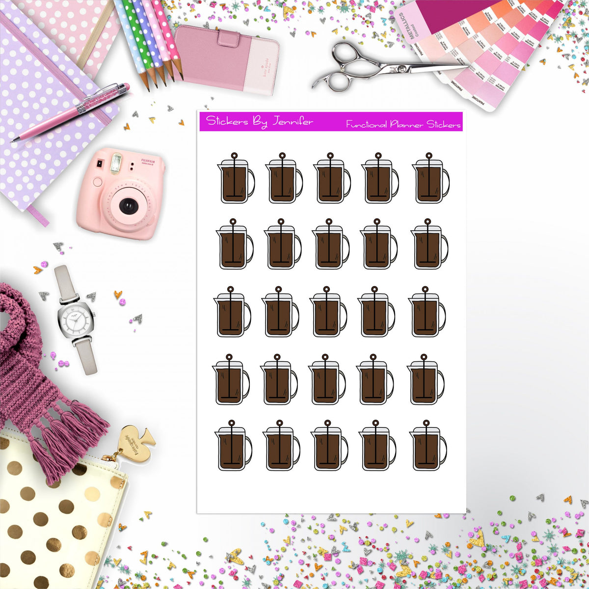 French Press Stickers, Planner Stickers, Journal Stickers, Functional Planner Stickers, Stationary Stickers