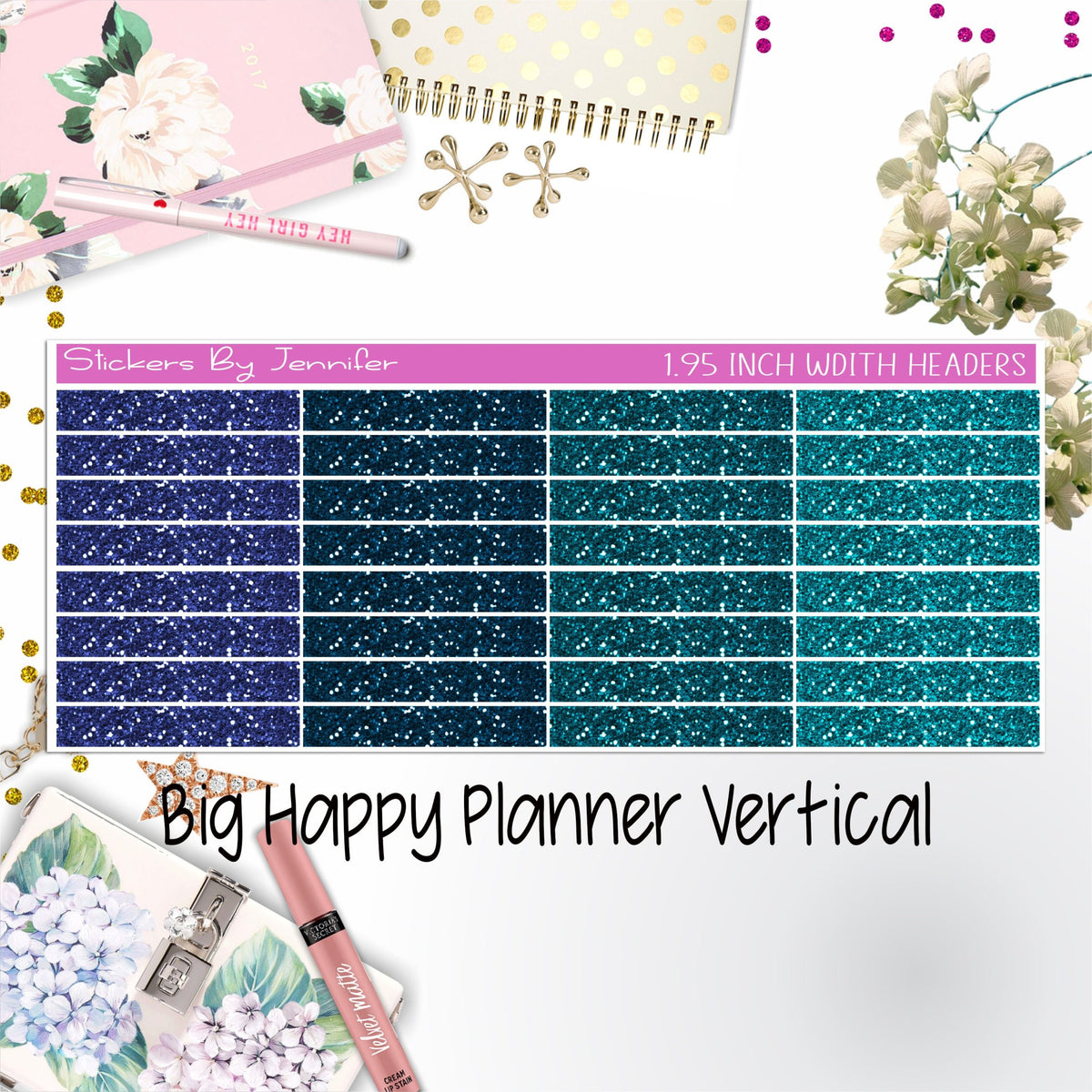 Glitter Headers 1.95 inch Width 005 for Big Happy Planner Vertical Planner Stickers