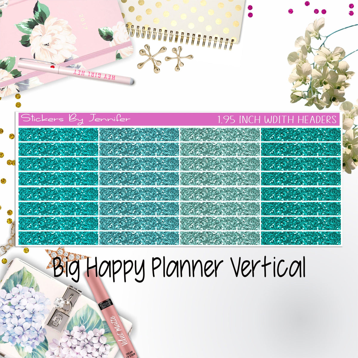 Glitter Headers 1.95 inch Width 006 for Big Happy Planner Vertical Planner Stickers