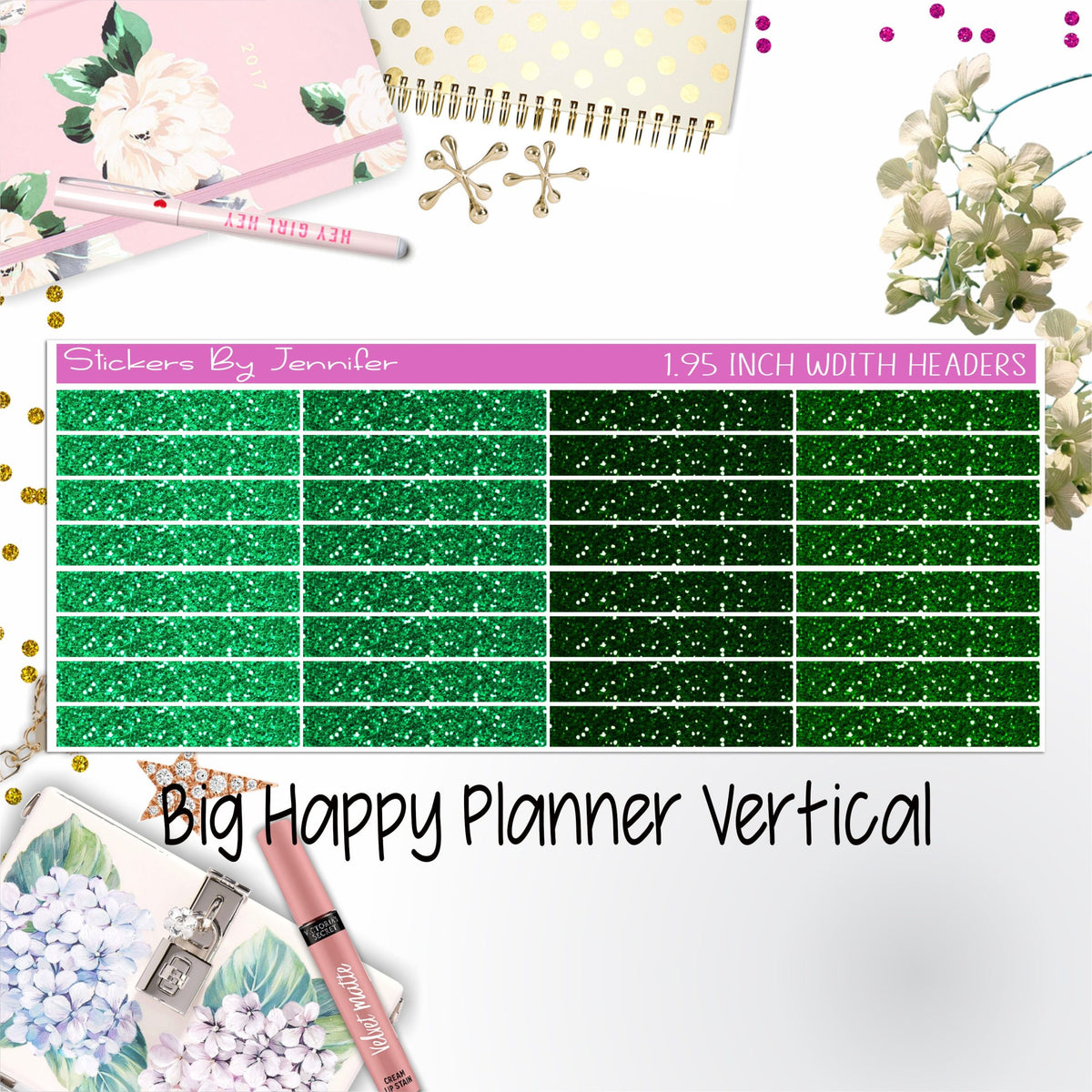Glitter Headers 1.95 inch Width 008 for Big Happy Planner Vertical Planner Stickers