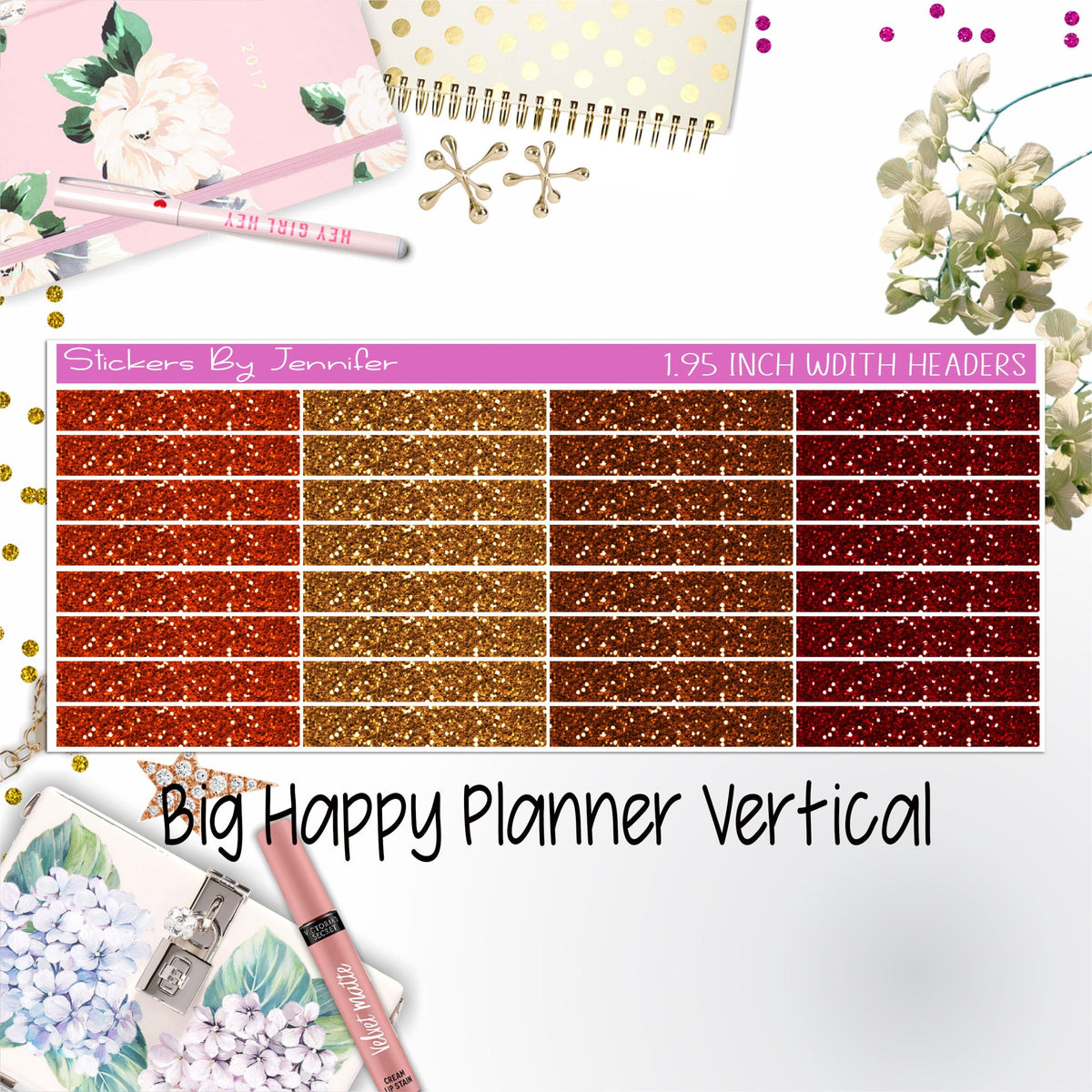 Glitter Headers 1.95 inch Width 013 for Big Happy Planner Vertical Planner Stickers