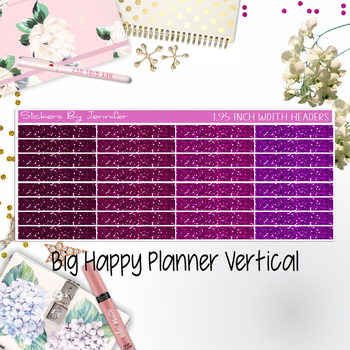 Glitter Headers 1.95 inch Width 016 for Big Happy Planner Vertical Planner Stickers