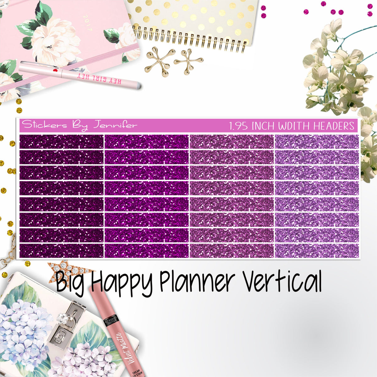 Glitter Headers 1.95 inch Width 018 for Big Happy Planner Vertical Planner Stickers