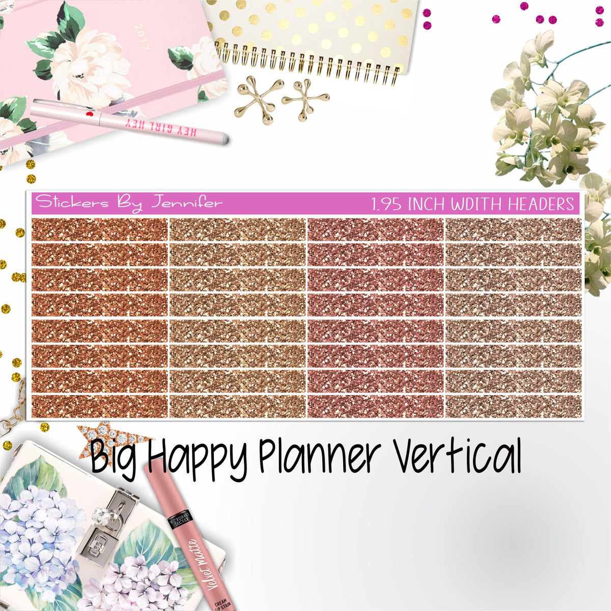 Glitter Headers 1.95 inch Width 022 for Big Happy Planner Vertical Planner Stickers