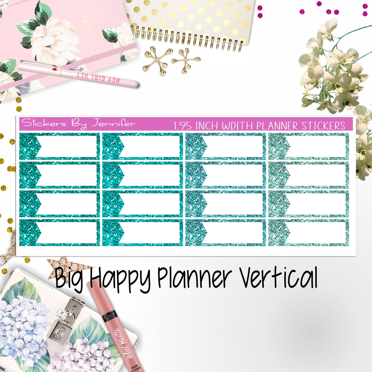 Glitter Labels 1.95 inch Width Quarter Boxes 056 for Big Happy Planner Vertical Planner Stickers