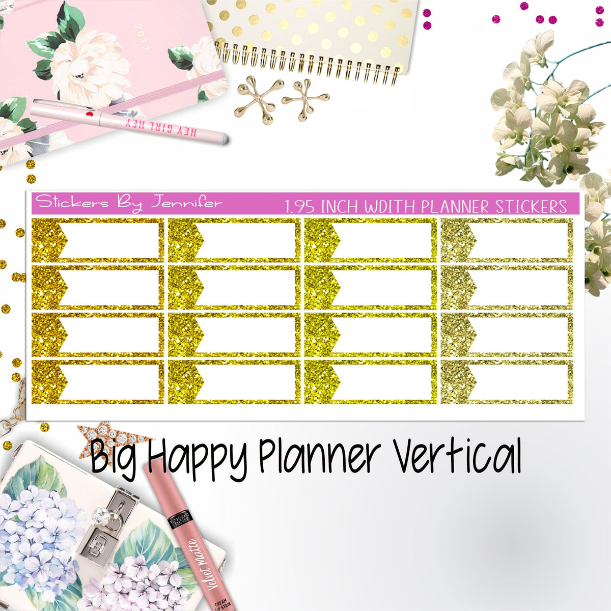 Glitter Labels 1.95 inch Width Quarter Boxes 061 for Big Happy Planner Vertical Planner Stickers