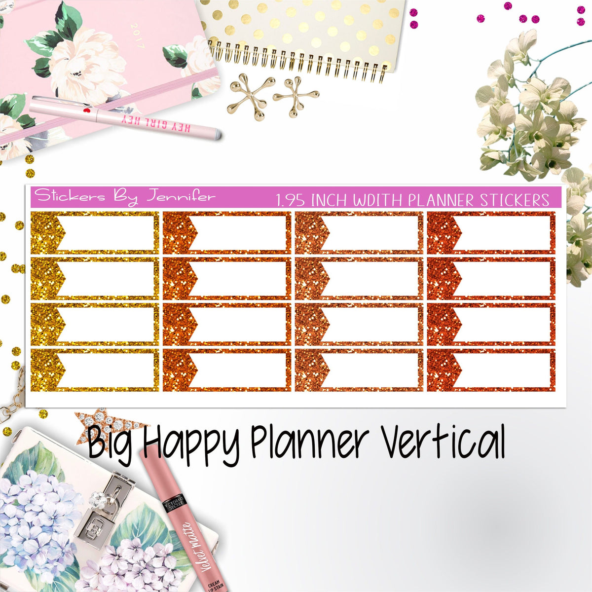 Glitter Labels 1.95 inch Width Quarter Boxes 062 for Big Happy Planner Vertical Planner Stickers