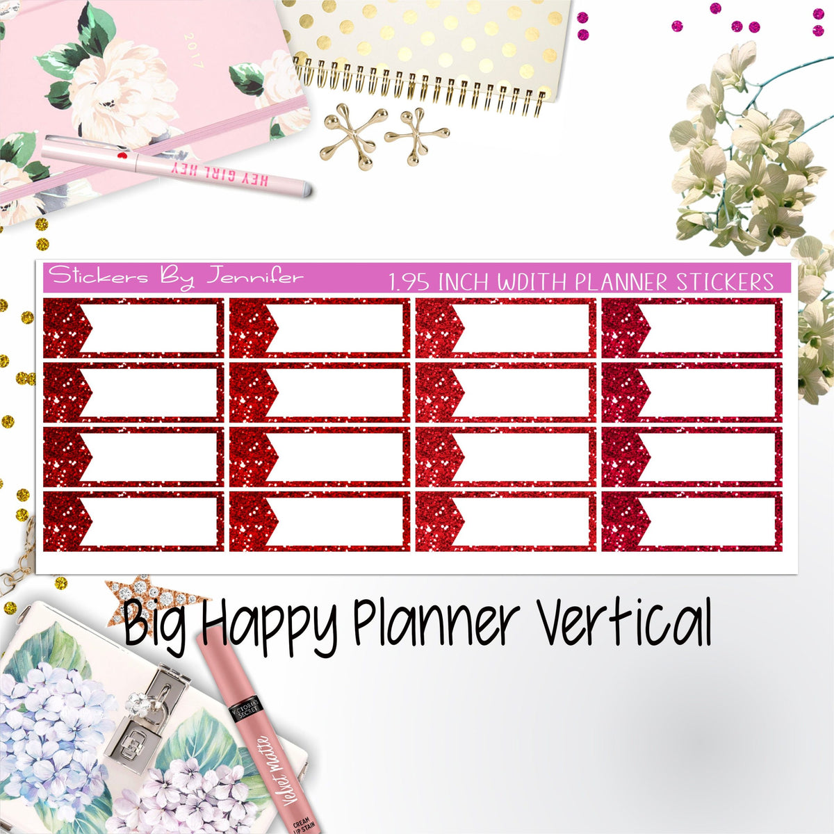 Glitter Labels 1.95 inch Width Quarter Boxes 064 for Big Happy Planner Vertical Planner Stickers
