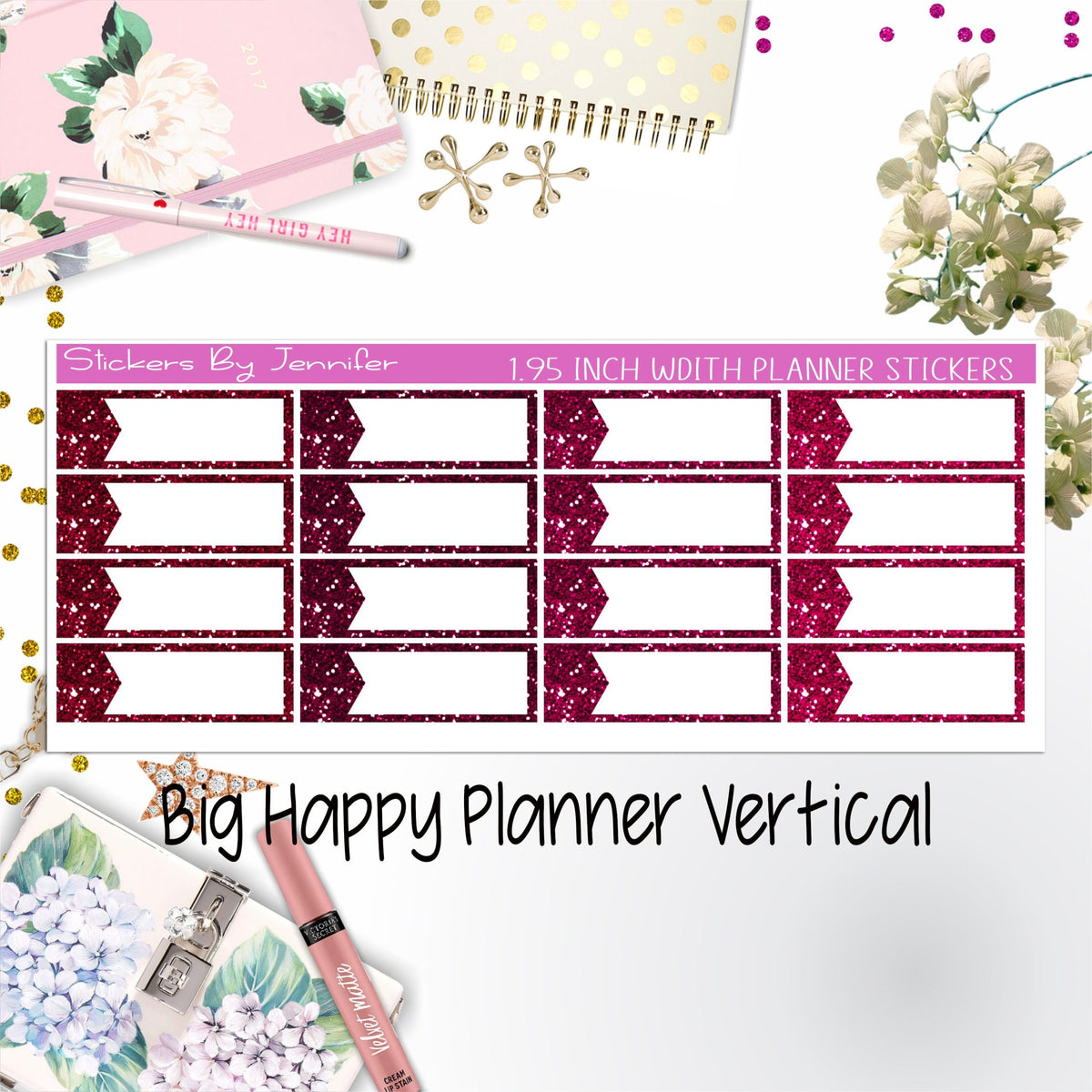 Glitter Labels 1.95 inch Width Quarter Boxes 065 for Big Happy Planner Vertical Planner Stickers