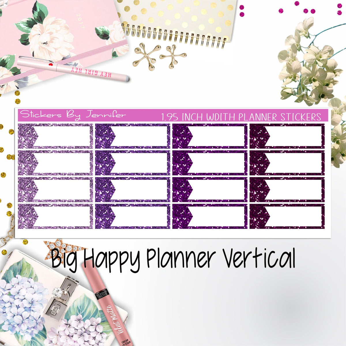 Glitter Labels 1.95 inch Width Quarter Boxes 067 for Big Happy Planner Vertical Planner Stickers