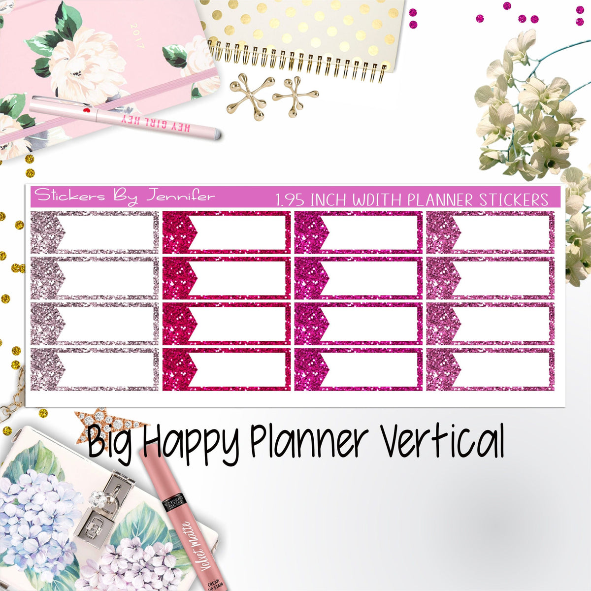Glitter Labels 1.95 inch Width Quarter Boxes 069 for Big Happy Planner Vertical Planner Stickers