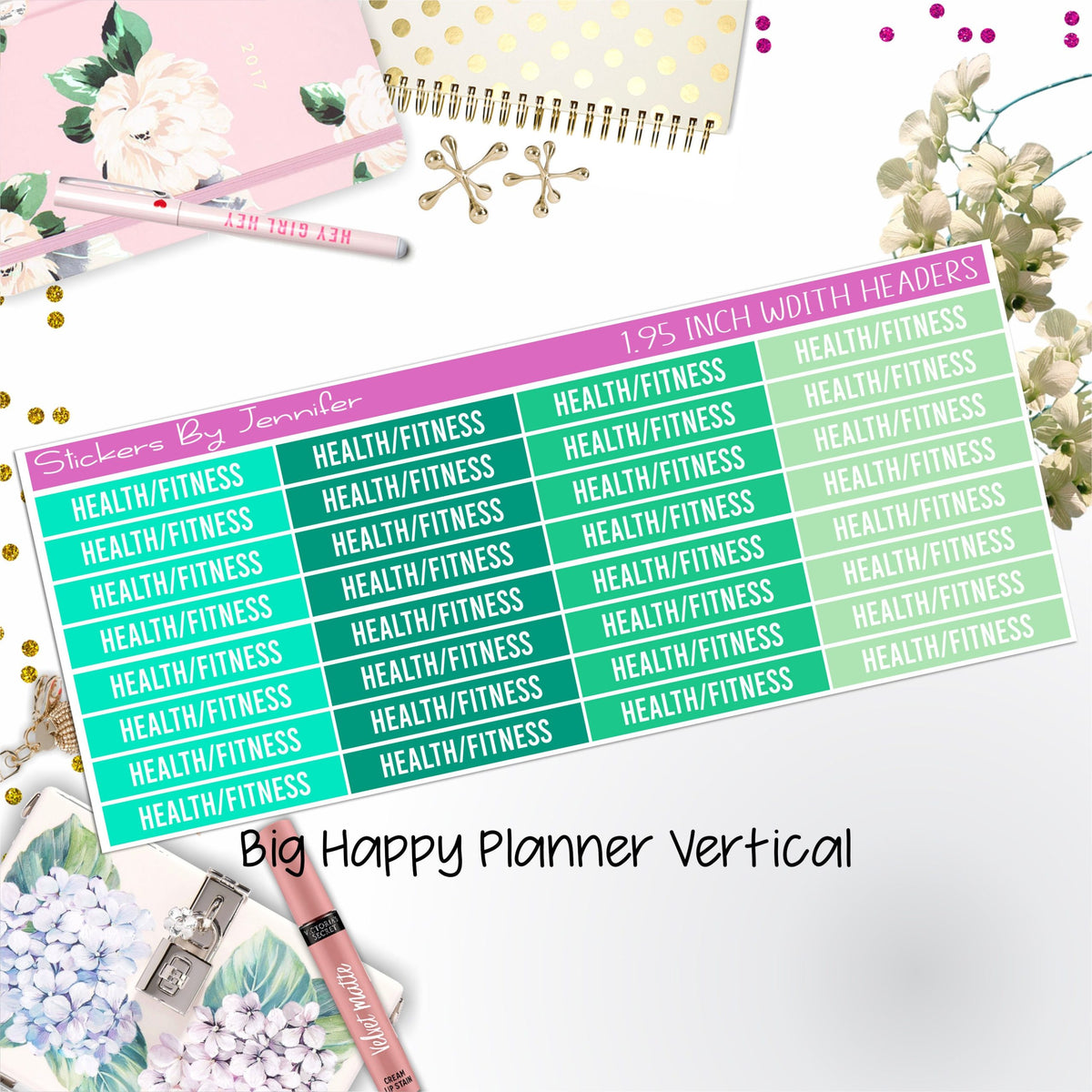 Health/Fitness Headers 1.95 inch Width 732 for Big Happy Planner Vertical Planner Stickers