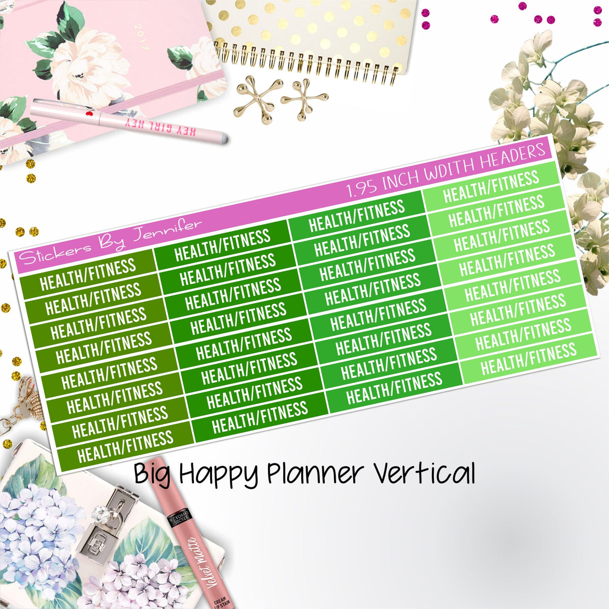 Health/Fitness Headers 1.95 inch Width 734 for Big Happy Planner Vertical Planner Stickers
