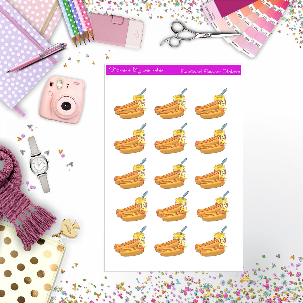 Hot Dogs And Mustard Stickers, Planner Stickers, Journal Stickers, Functional Planner Stickers, Stationary Stickers