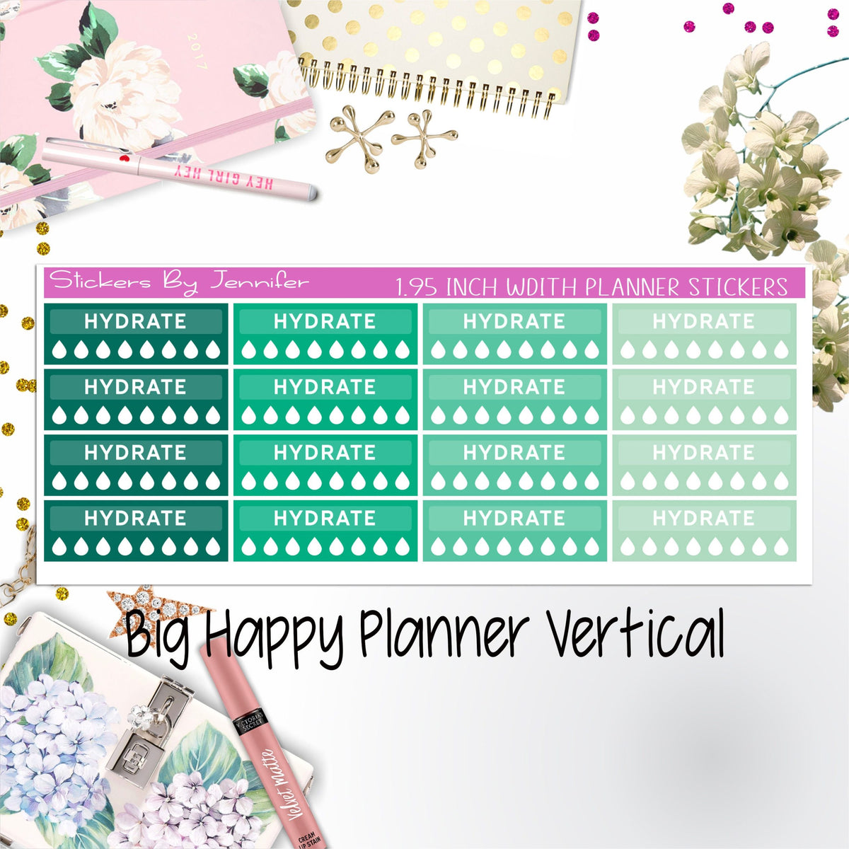 Hydrate Labels 1.95 inch Width Quarter Boxes 281 for Big Happy Planner Vertical Planner Stickers