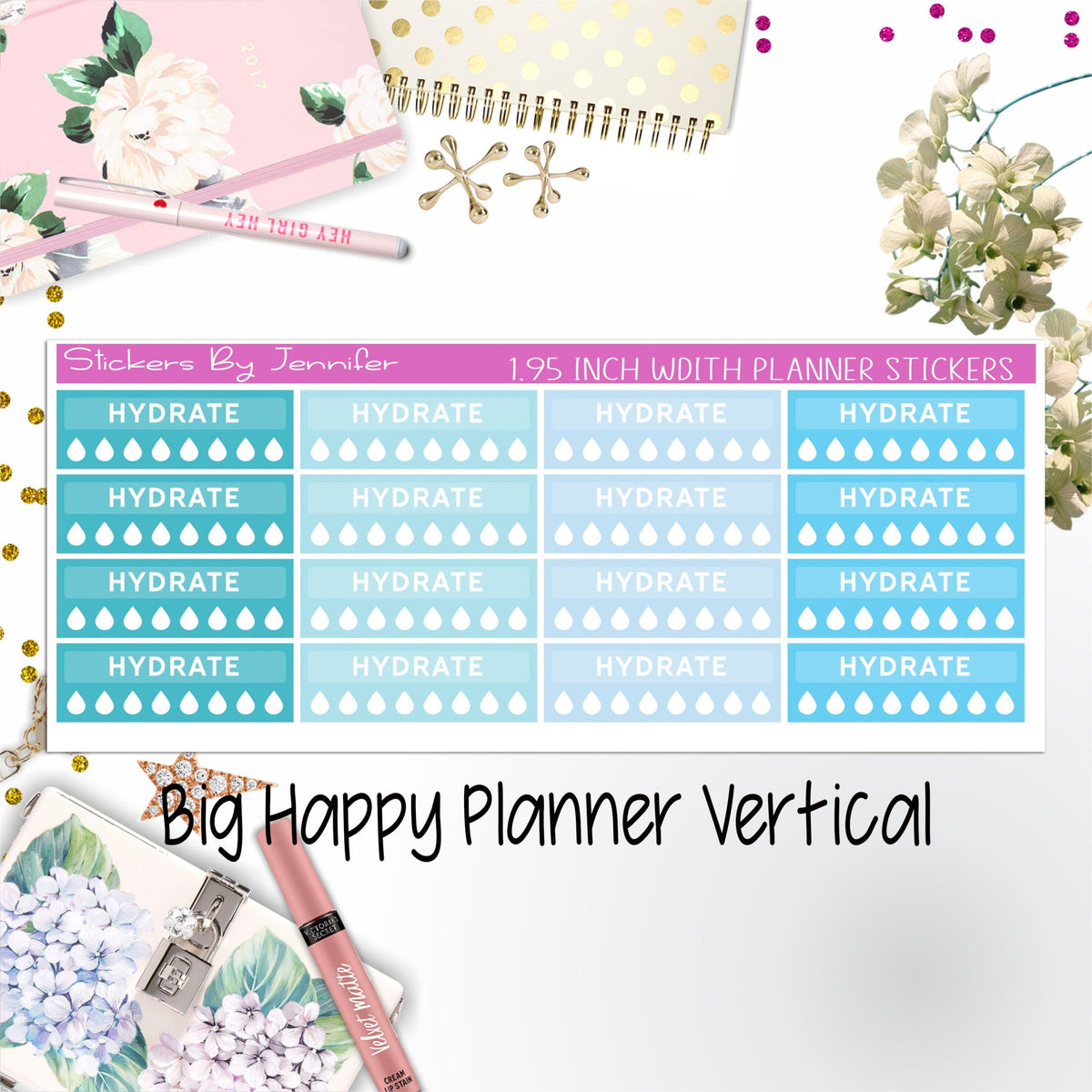 Hydrate Labels 1.95 inch Width Quarter Boxes 283 for Big Happy Planner Vertical Planner Stickers