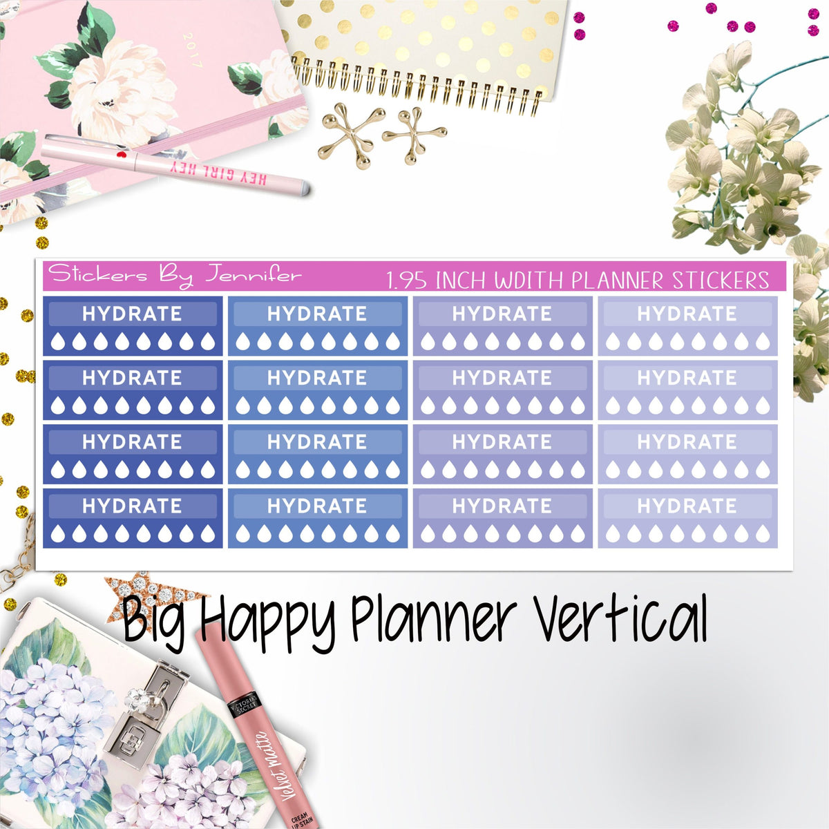 Hydrate Labels 1.95 inch Width Quarter Boxes 286 for Big Happy Planner Vertical Planner Stickers