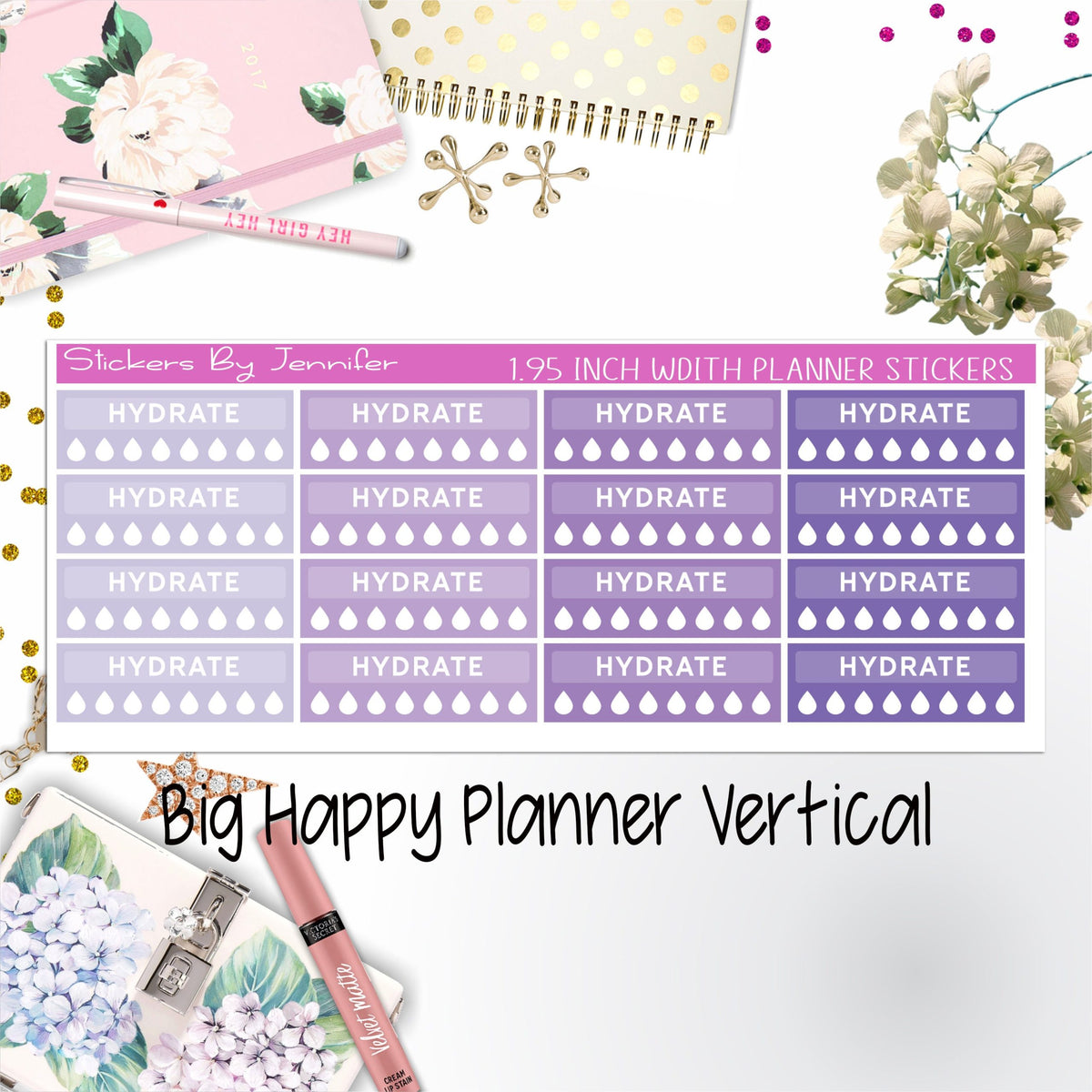 Hydrate Labels 1.95 inch Width Quarter Boxes 287 for Big Happy Planner Vertical Planner Stickers