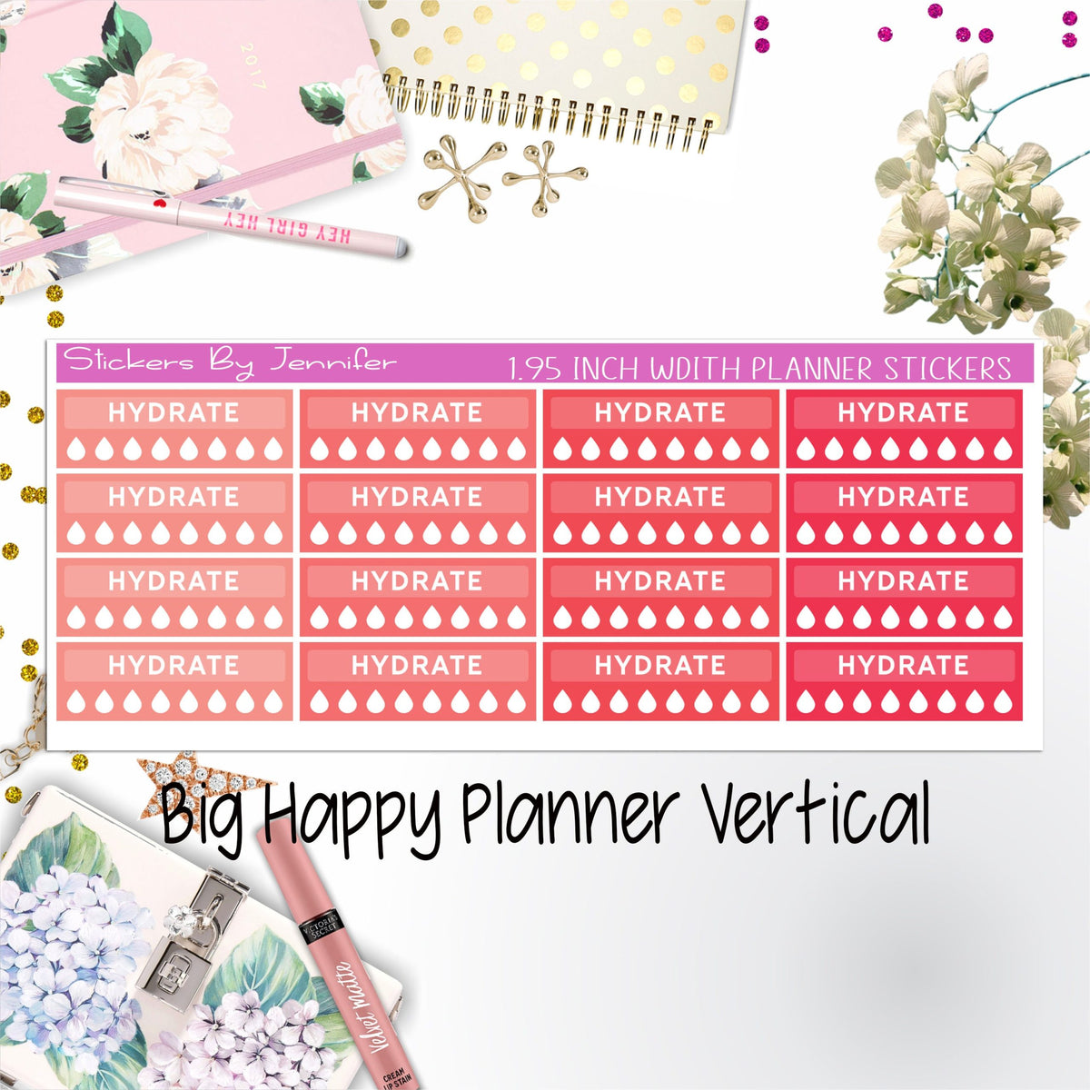 Hydrate Labels 1.95 inch Width Quarter Boxes 293 for Big Happy Planner Vertical Planner Stickers