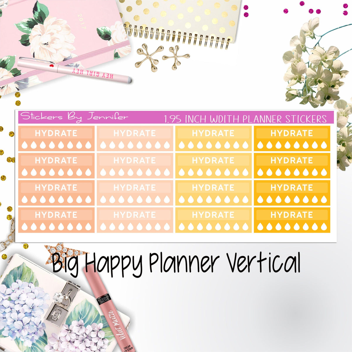 Hydrate Labels 1.95 inch Width Quarter Boxes 295 for Big Happy Planner Vertical Planner Stickers