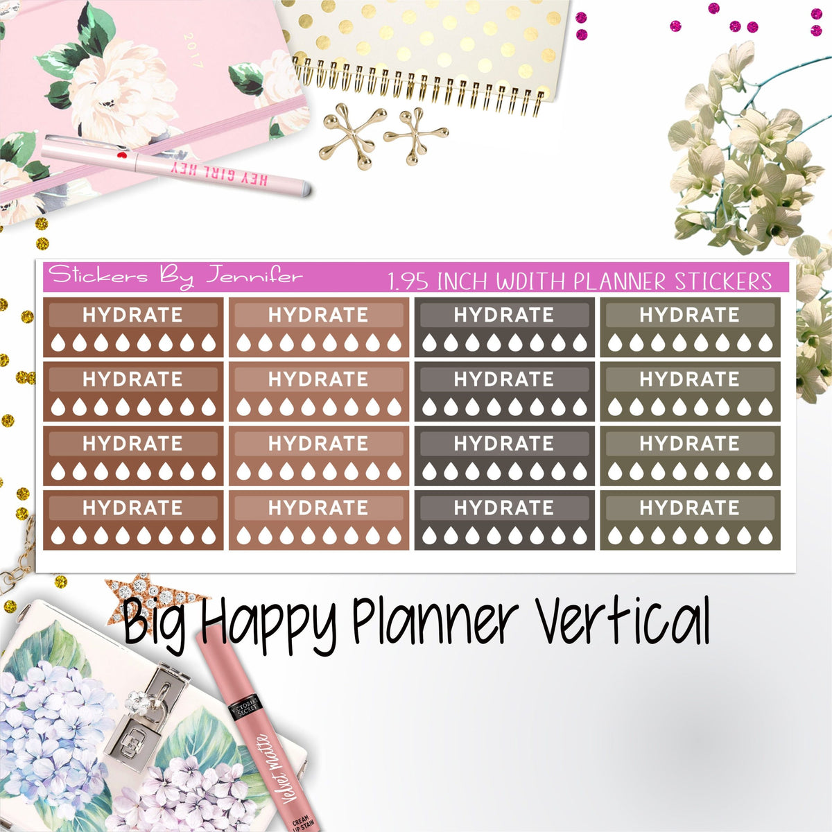 Hydrate Labels 1.95 inch Width Quarter Boxes 299 for Big Happy Planner Vertical Planner Stickers