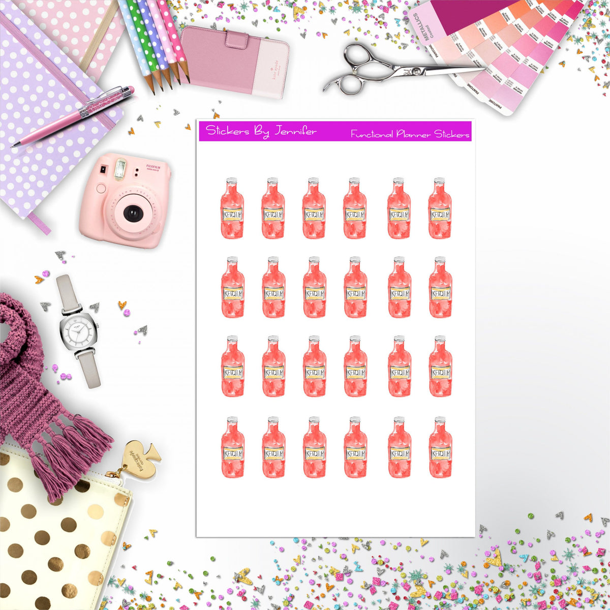 Ketchup Sauce Stickers, Planner Stickers, Journal Stickers, Functional Planner Stickers, Stationary Stickers