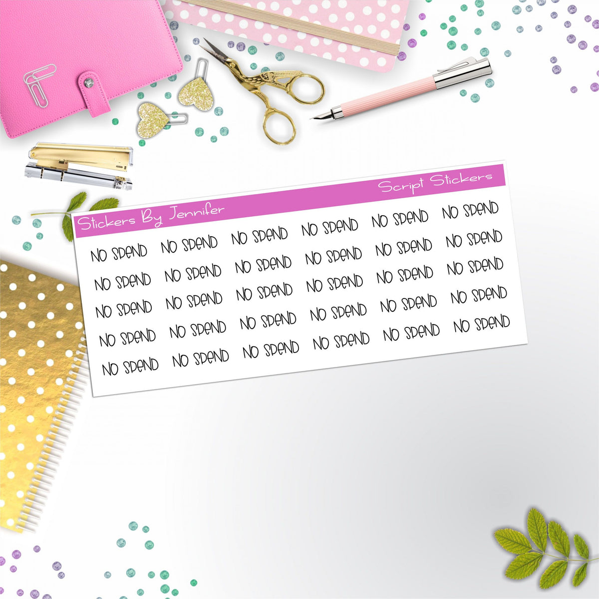 No Spend Script Stickers, Typography Stickers, Planner Stickers