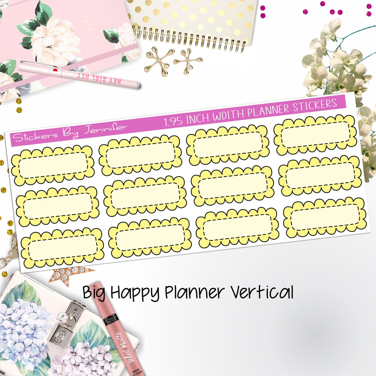 Scallop Labels 1.95 inch Width Quarter Boxes 301 for Big Happy Planner Vertical Planner Stickers