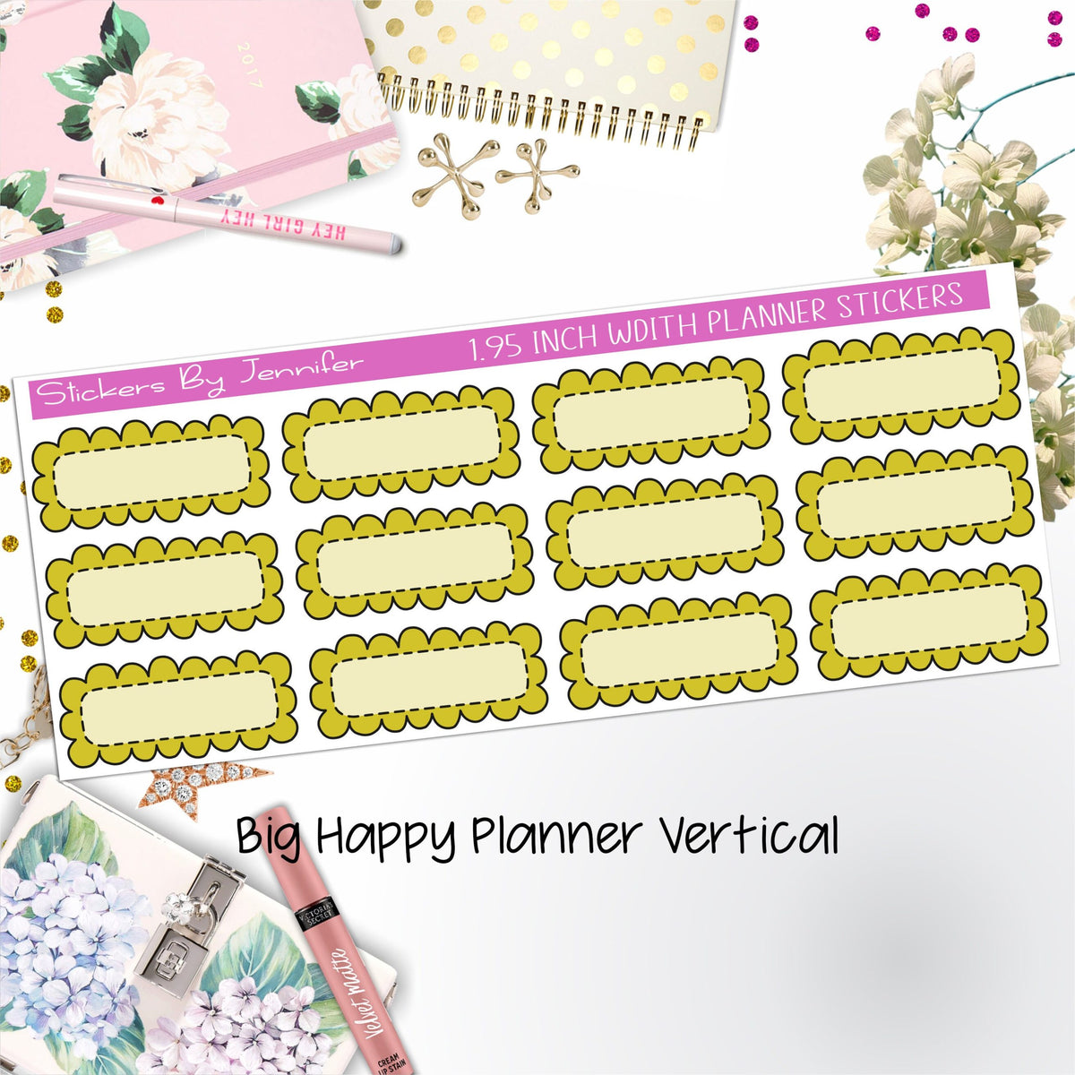 Scallop Labels 1.95 inch Width Quarter Boxes 304 for Big Happy Planner Vertical Planner Stickers