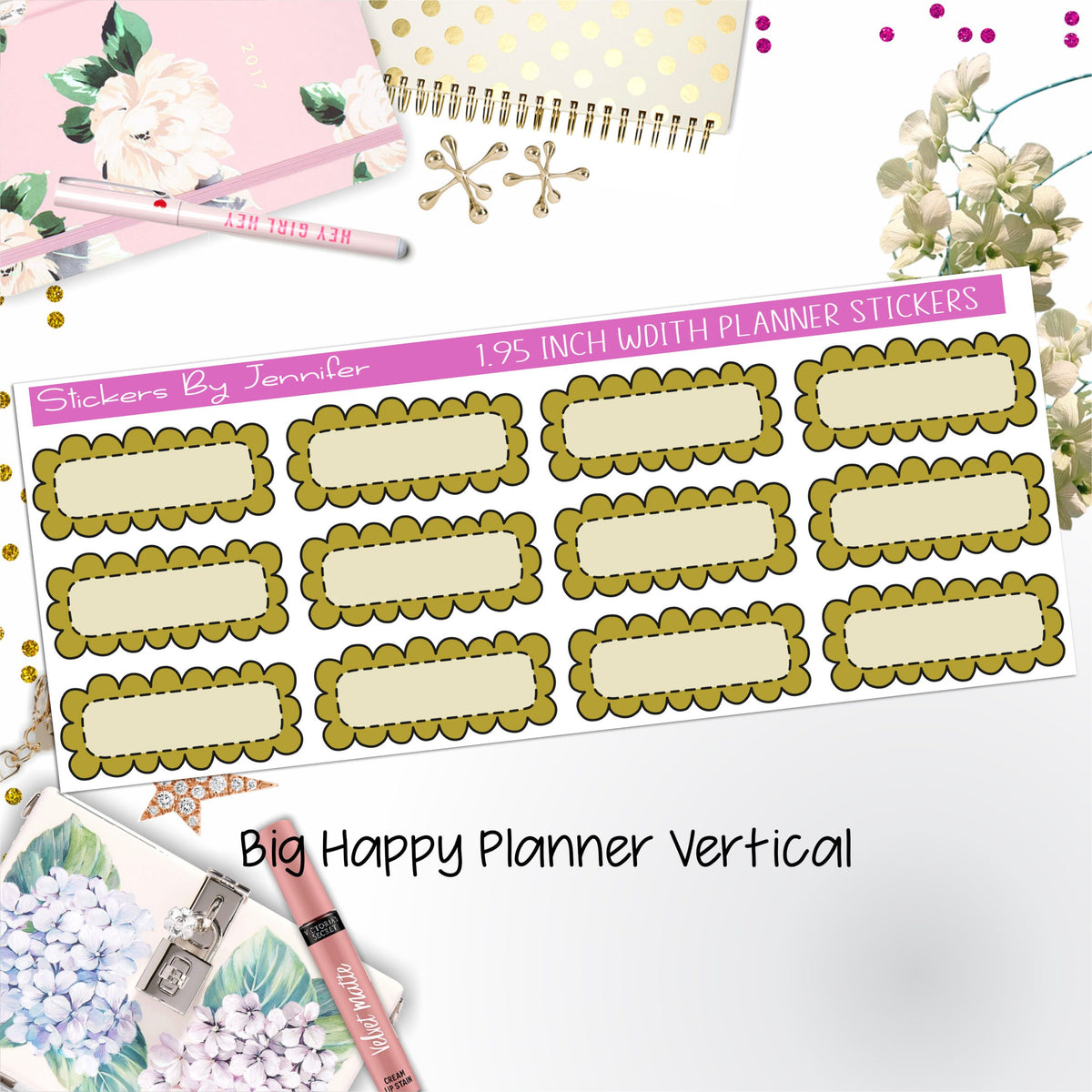 Scallop Labels 1.95 inch Width Quarter Boxes 305 for Big Happy Planner Vertical Planner Stickers