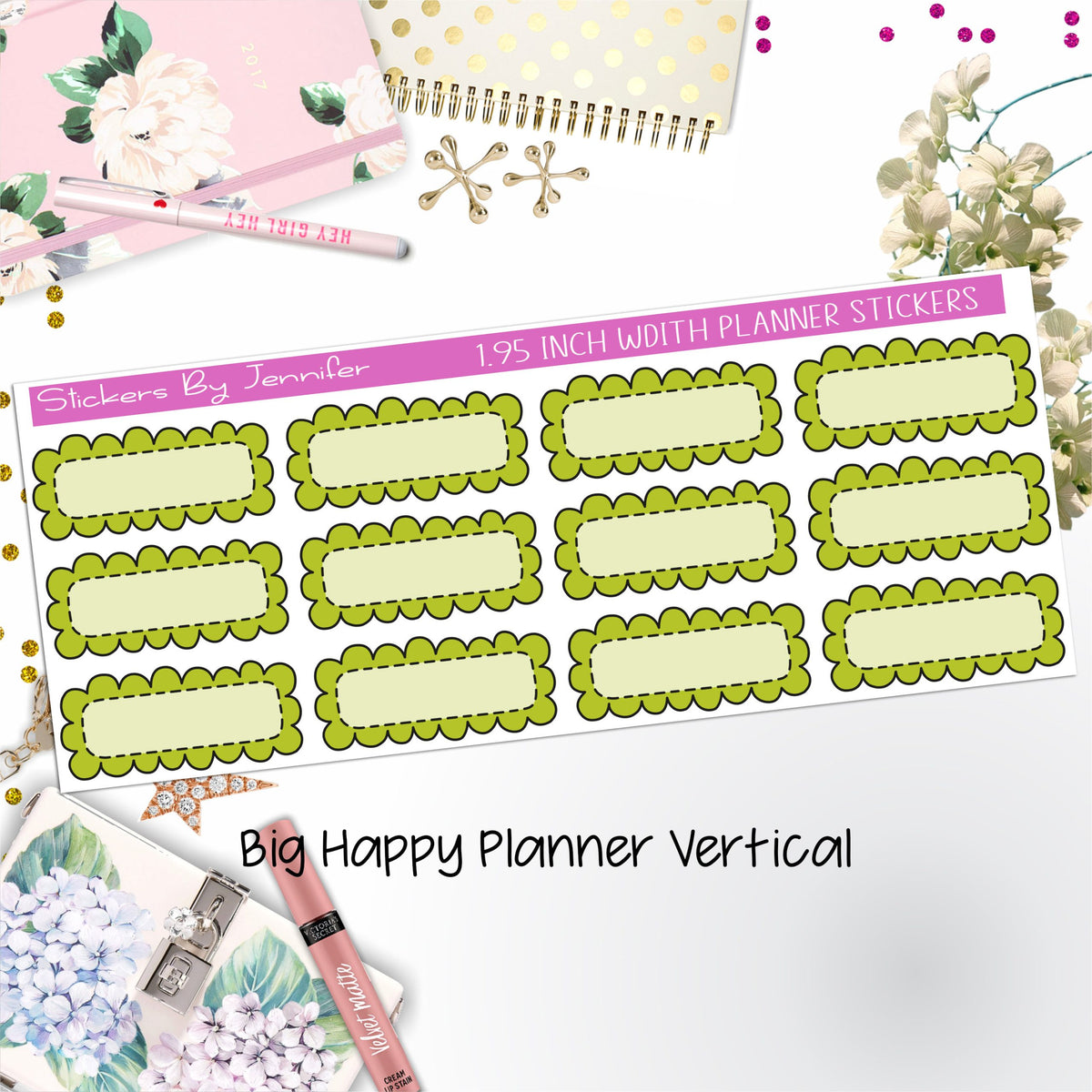 Scallop Labels 1.95 inch Width Quarter Boxes 307 for Big Happy Planner Vertical Planner Stickers