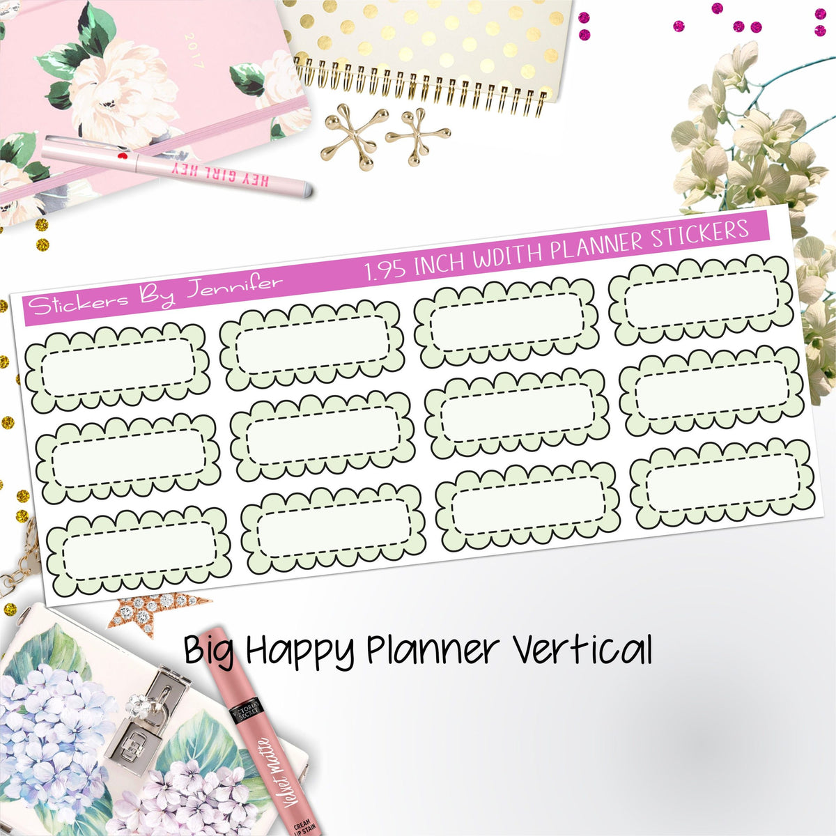 Scallop Labels 1.95 inch Width Quarter Boxes 311 for Big Happy Planner Vertical Planner Stickers