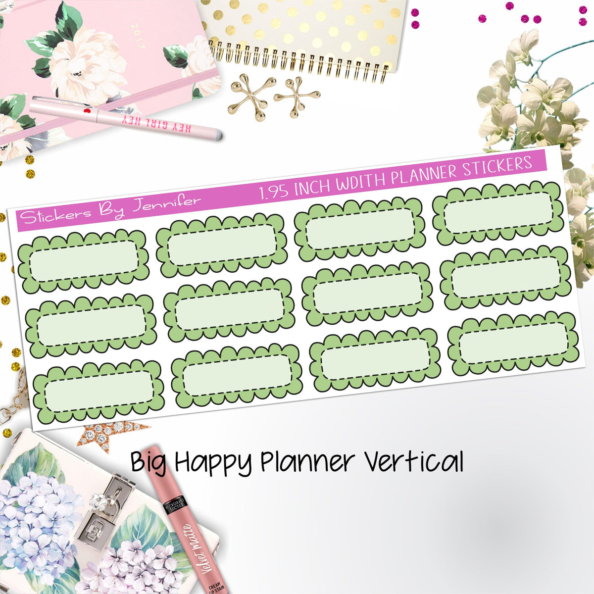Scallop Labels 1.95 inch Width Quarter Boxes 313 for Big Happy Planner Vertical Planner Stickers